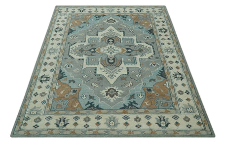 Traditional Heriz Gray and Ivory Floral Hand Knotted Custom Made wool Area Rug