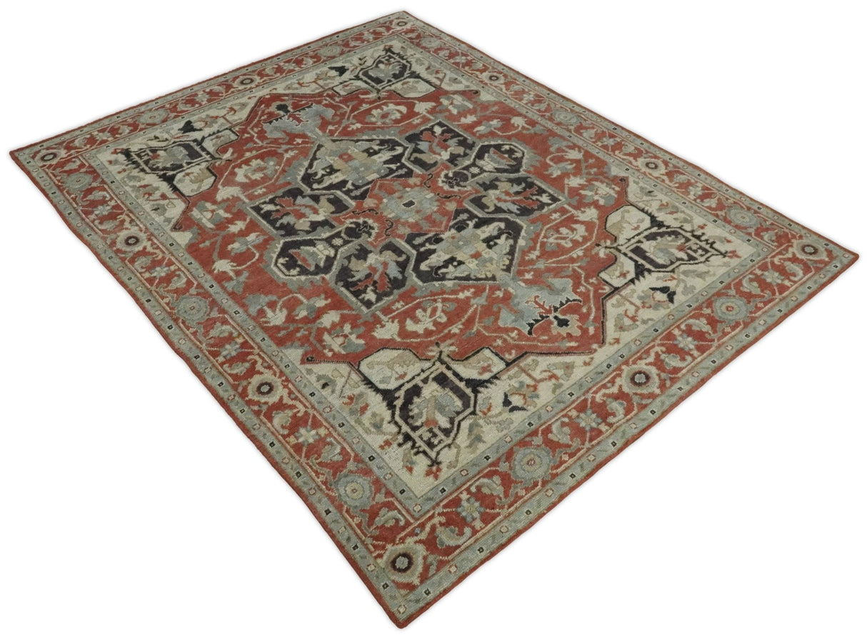 Traditional Heriz Rust And Beige Hand Knotted Wool Area Rug
