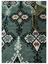 Traditional Ikat Design 5x7.6 Green, Black and Ivory Hand Knotted wool area rug