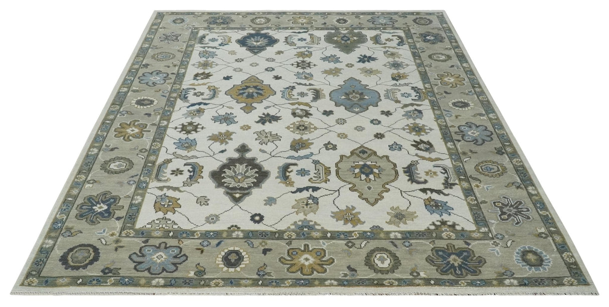 Traditional Ivory and Beige Hand Knotted Oriental Oushak Wool Area Rug