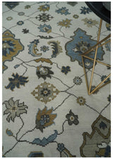 Traditional Ivory and Beige Hand Knotted Oriental Oushak Wool Area Rug