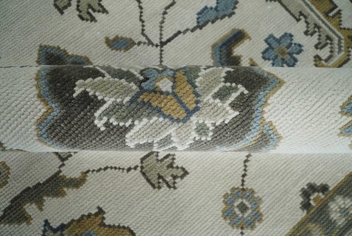 Traditional Ivory and Beige Hand Knotted Oriental Oushak Wool Area Rug