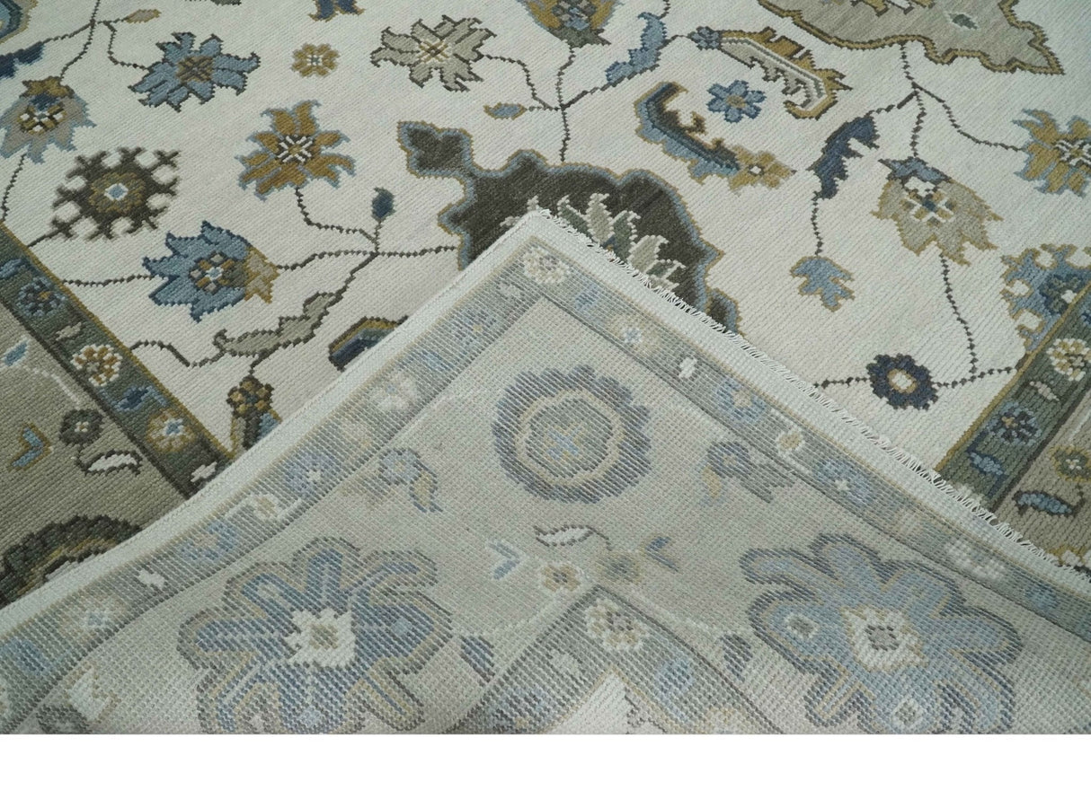 Traditional Ivory and Beige Hand Knotted Oriental Oushak Wool Area Rug