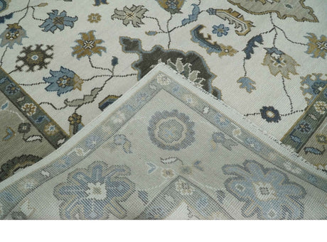 Traditional Ivory and Beige Hand Knotted Oriental Oushak Wool Area Rug