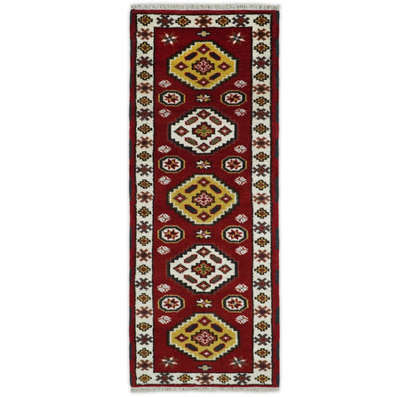 Traditional Kazak Red and Ivory Hand Knotted Wool 2x7 Area Rug