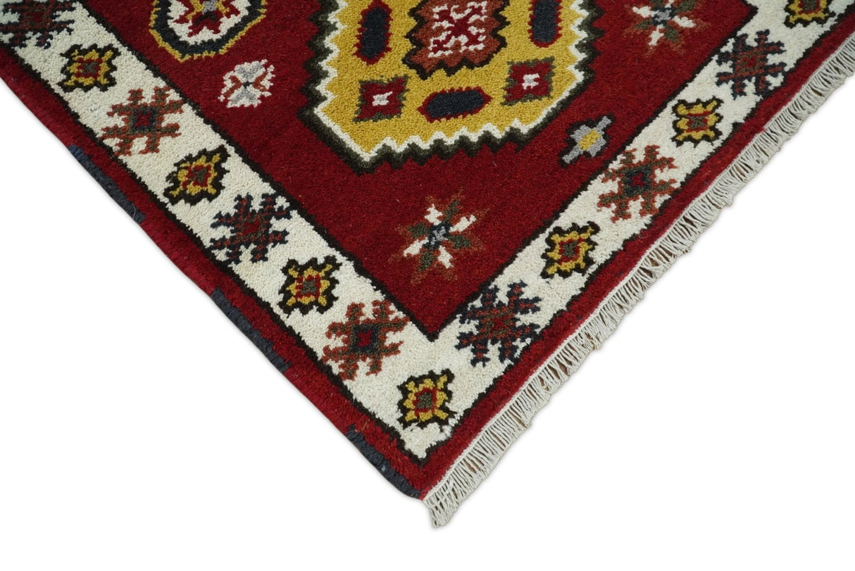 Traditional Kazak Red and Ivory Hand Knotted Wool 2x7 Area Rug