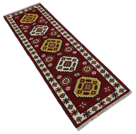 Traditional Kazak Red and Ivory Hand Knotted Wool 2x7 Area Rug