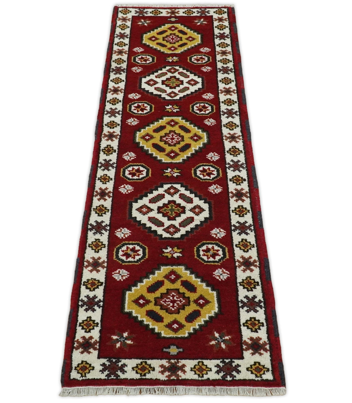 Traditional Kazak Red and Ivory Hand Knotted Wool 2x7 Area Rug