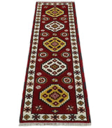 Traditional Kazak Red and Ivory Hand Knotted Wool 2x7 Area Rug