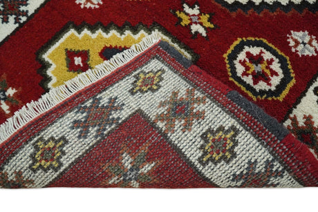 Traditional Kazak Red and Ivory Hand Knotted Wool 2x7 Area Rug