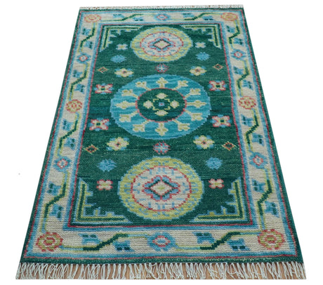 Traditional Khotan Design Teal 3x5 Hand knotted Wool Area Rug