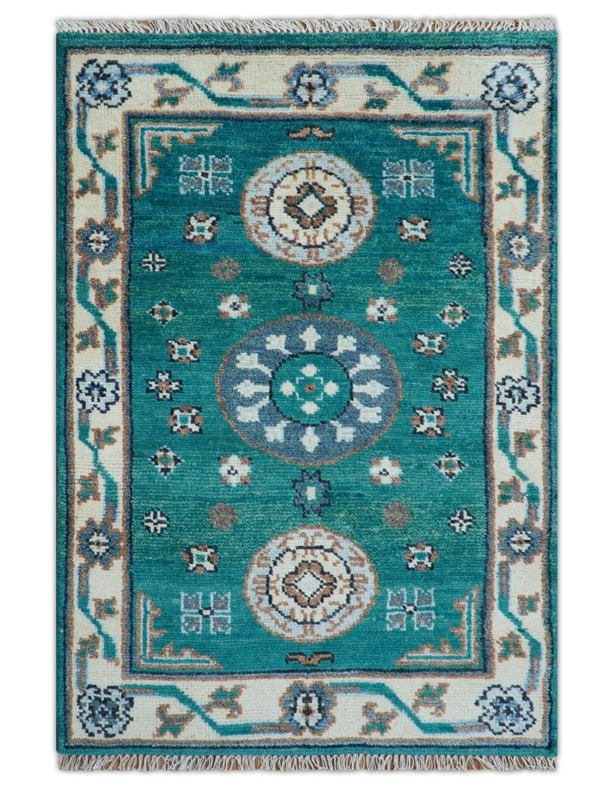 Traditional Khotan Design Teal And Beige Hand knotted 4x6 Wool Area Rug