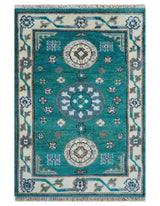 Traditional Khotan Design Teal And Beige Hand knotted 4x6 Wool Area Rug