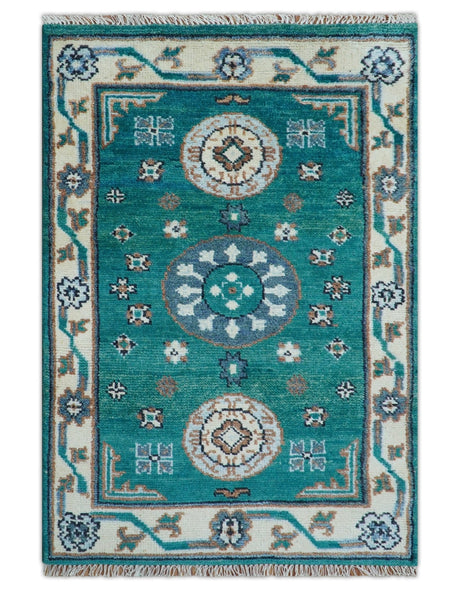Traditional Khotan Design Teal And Beige Hand knotted 4x6 Wool Area Rug