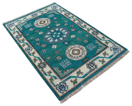 Traditional Khotan Design Teal And Beige Hand knotted 4x6 Wool Area Rug