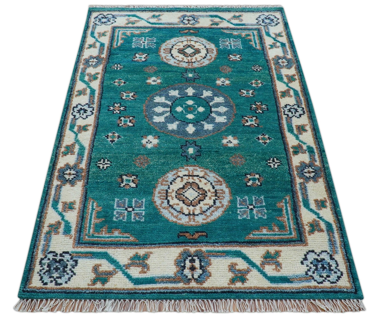 Traditional Khotan Design Teal And Beige Hand knotted 4x6 Wool Area Rug