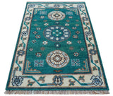 Traditional Khotan Design Teal And Beige Hand knotted 4x6 Wool Area Rug