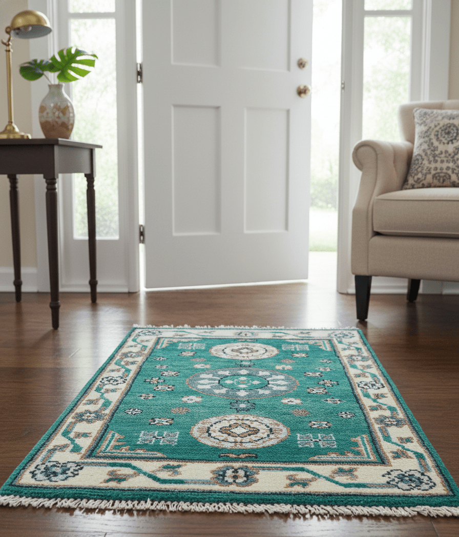 Traditional Khotan Design Teal And Beige Hand knotted 4x6 Wool Area Rug