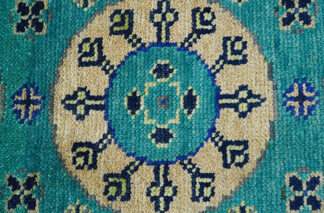 Traditional Khotan Design Teal Hand knotted 2.6x8 Wool Area Rug
