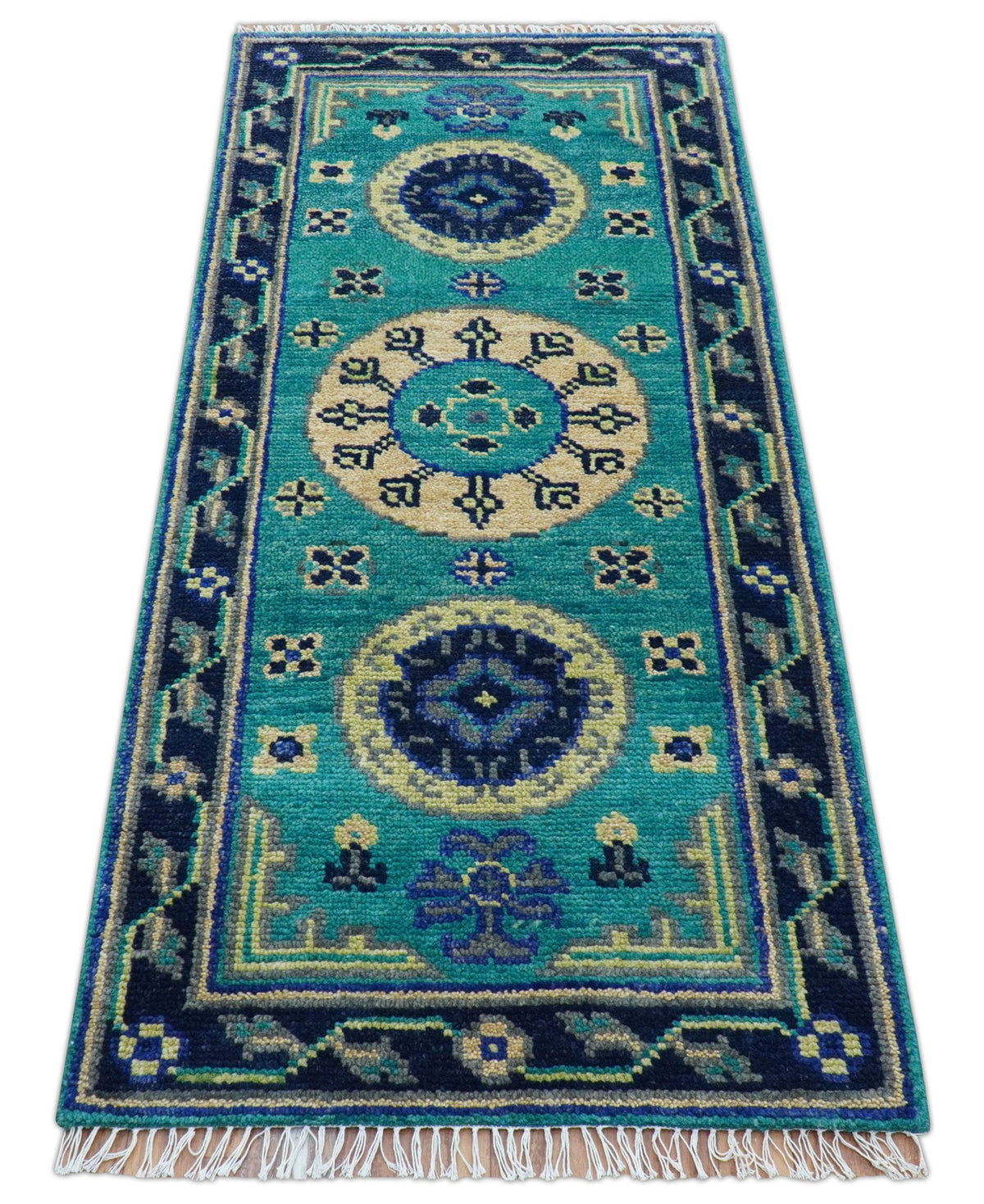 Traditional Khotan Design Teal Hand knotted 2.6x8 Wool Area Rug
