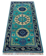 Traditional Khotan Design Teal Hand knotted 2.6x8 Wool Area Rug
