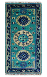 Traditional Khotan Design Teal Hand knotted 3x6 Wool Area Rug