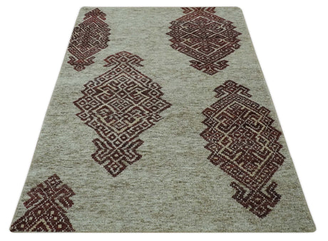 Traditional Large design 5x8 Olive, Silver and Brown Hand knotted wool area rug