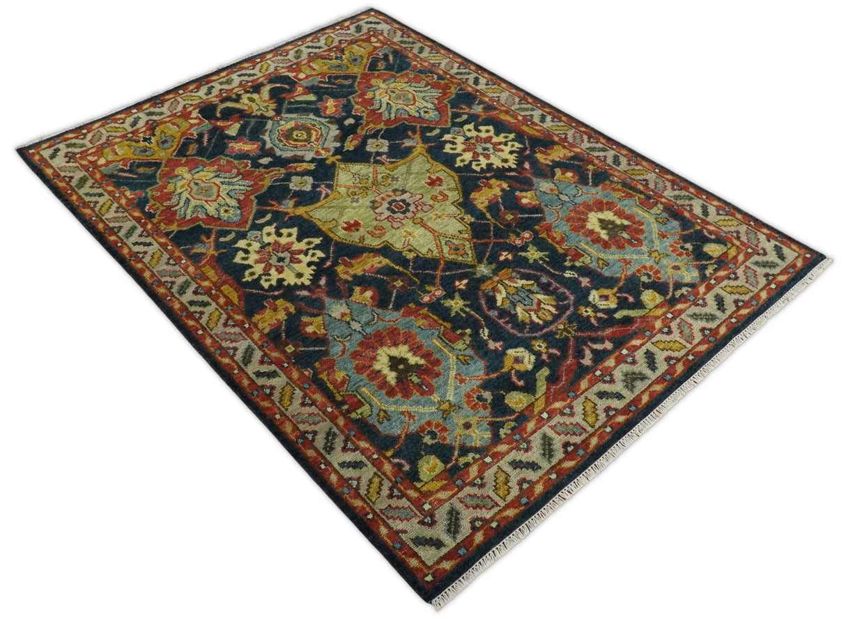 Traditional Large Design Blue, Rust and Gold Hand Knotted Multi Size wool Area Rug