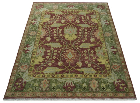 Traditional Maroon, Green and Beige Antique Donegal Design Hand knotted Area Rug
