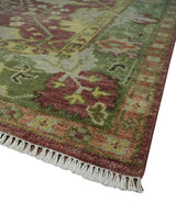 Traditional Maroon, Green and Beige Antique Donegal Design Hand knotted Area Rug