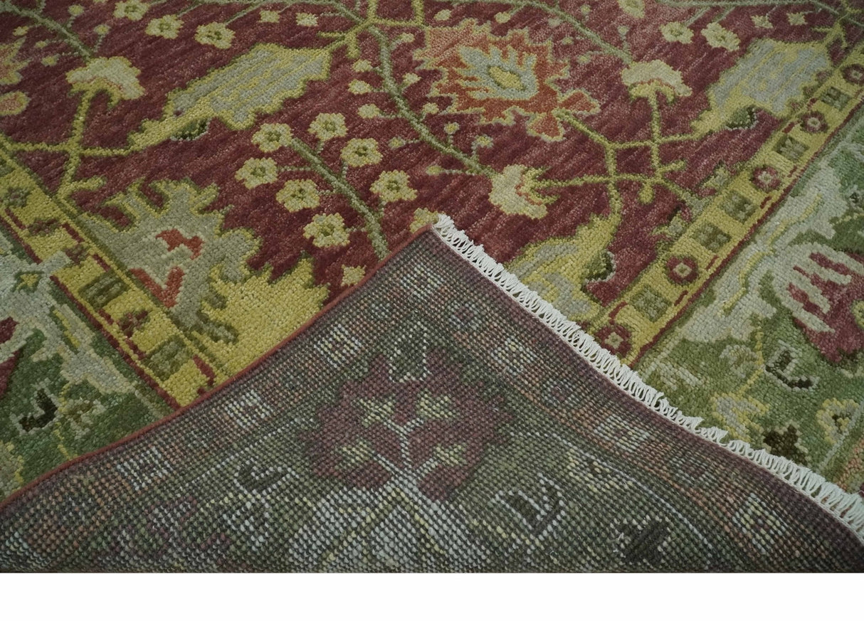 Traditional Maroon, Green and Beige Antique Donegal Design Hand knotted Area Rug