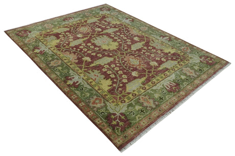 Traditional Maroon, Green and Beige Antique Donegal Design Hand knotted Area Rug