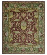 Traditional Maroon, Green and Beige Antique Donegal Design Hand knotted Area Rug