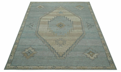 Traditional Medallion Design Blue and Beige Hand Knotted Wool Rug Custom Made