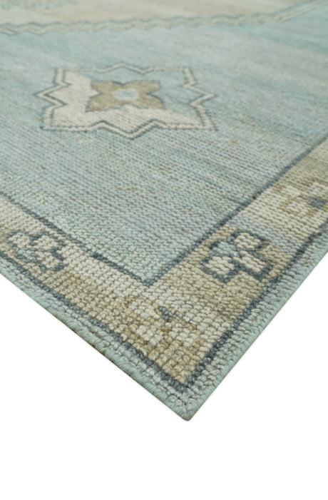Traditional Medallion Design Blue and Beige Hand Knotted Wool Rug Custom Made