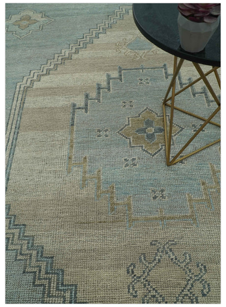 Traditional Medallion Design Blue and Beige Hand Knotted Wool Rug Custom Made