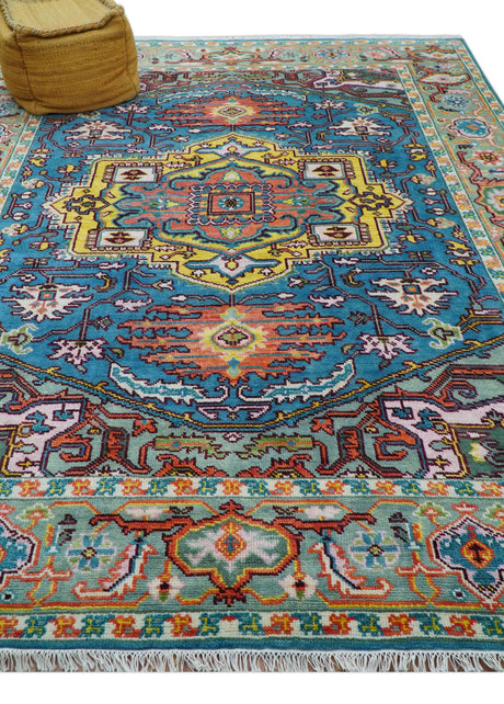 Traditional Medallion Design Blue Hand knotted 8x10 Wool Area Rug