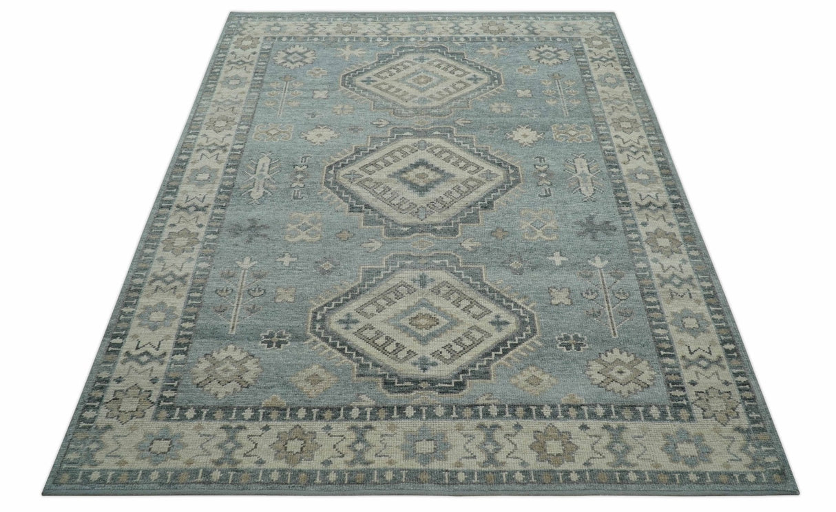Traditional Medallions Design Blue And Beige Custom Made Wool And Linen Blend Rug