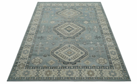Traditional Medallions Design Blue And Beige Custom Made Wool And Linen Blend Rug