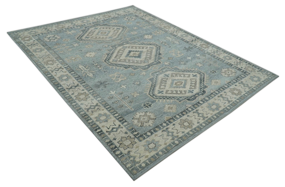 Traditional Medallions Design Blue And Beige Custom Made Wool And Linen Blend Rug