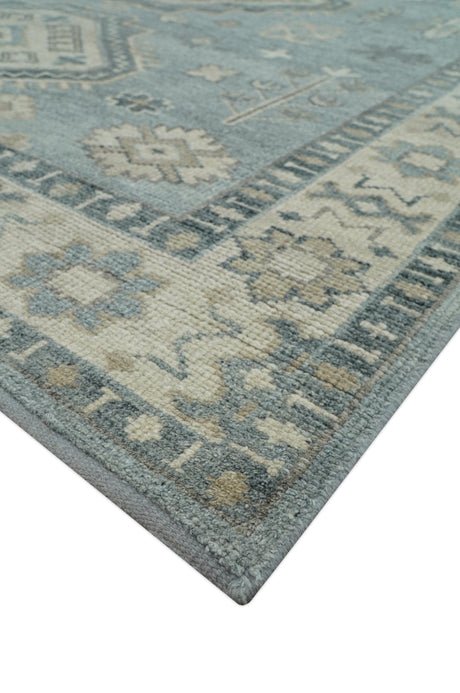 Traditional Medallions Design Blue And Beige Custom Made Wool And Linen Blend Rug