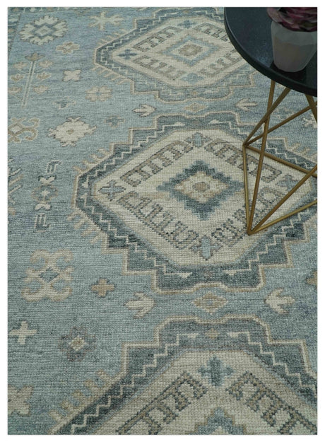 Traditional Medallions Design Blue And Beige Custom Made Wool And Linen Blend Rug