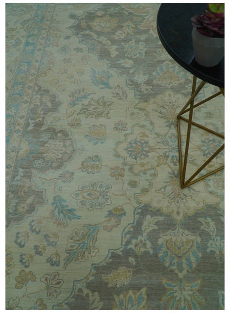 Traditional Oriental Design Blue And Beige Hand Knotted 8.5x11 Wool Area Rug