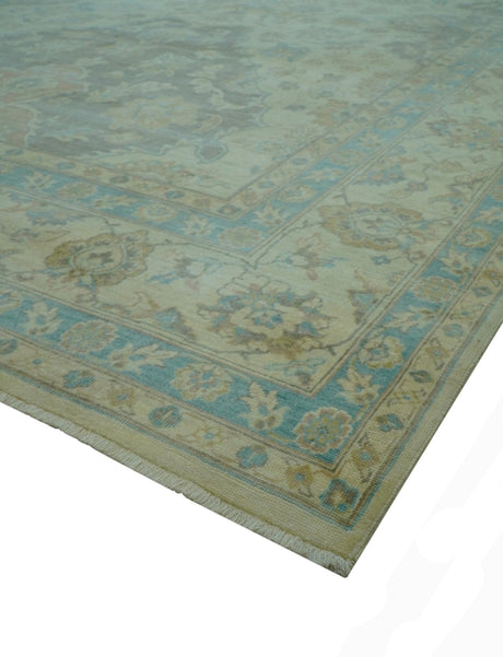 Traditional Oriental Design Blue And Beige Hand Knotted 8.5x11 Wool Area Rug