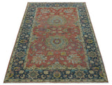 Traditional Oriental Design Fine Rust And Blue Hand Knotted 4x6 Wool Area Rug