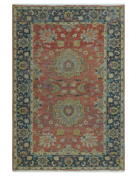 Traditional Oriental Design Fine Rust And Blue Hand Knotted 4x6 Wool Area Rug