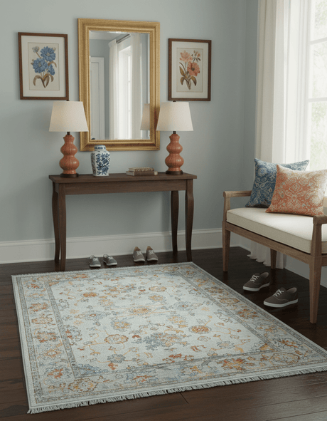 Traditional Oriental Design Silver And Rust Machine Woven 4x5.7 Polyester Area Rug
