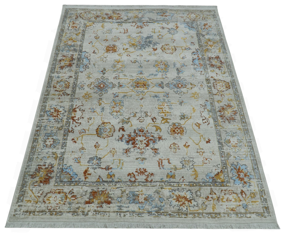 Traditional Oriental Design Silver And Rust Machine Woven 4x5.7 Polyester Area Rug