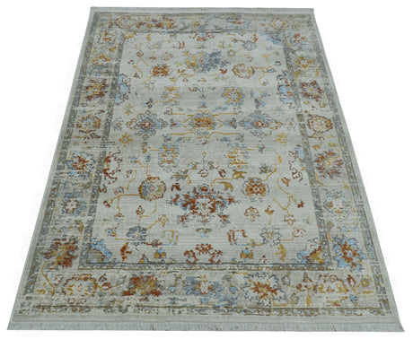 Traditional Oriental Design Silver And Rust Machine Woven 4x5.7 Polyester Area Rug