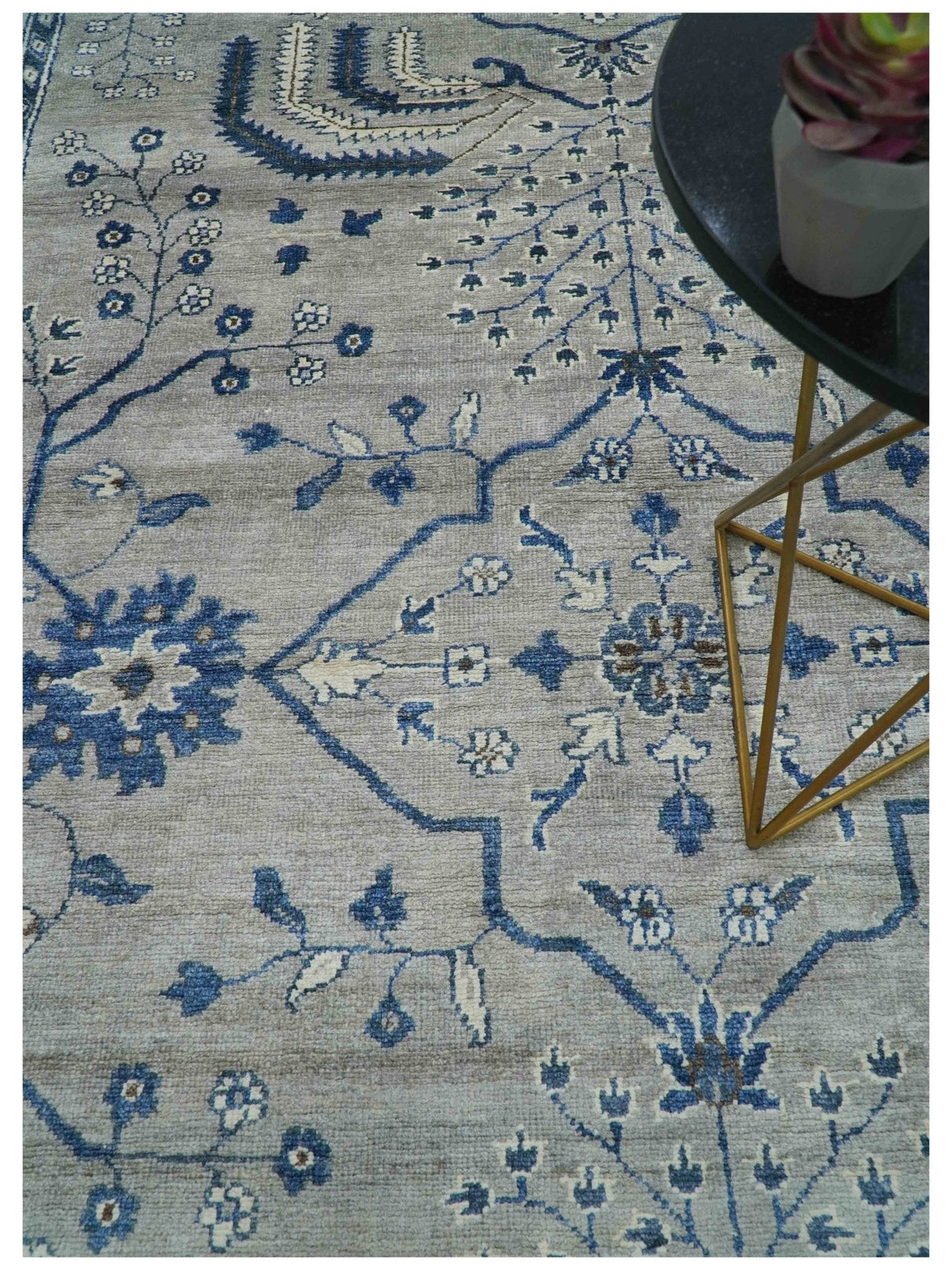 Traditional Oriental Gray And Blue Hand knotted Art Silk Area Rug